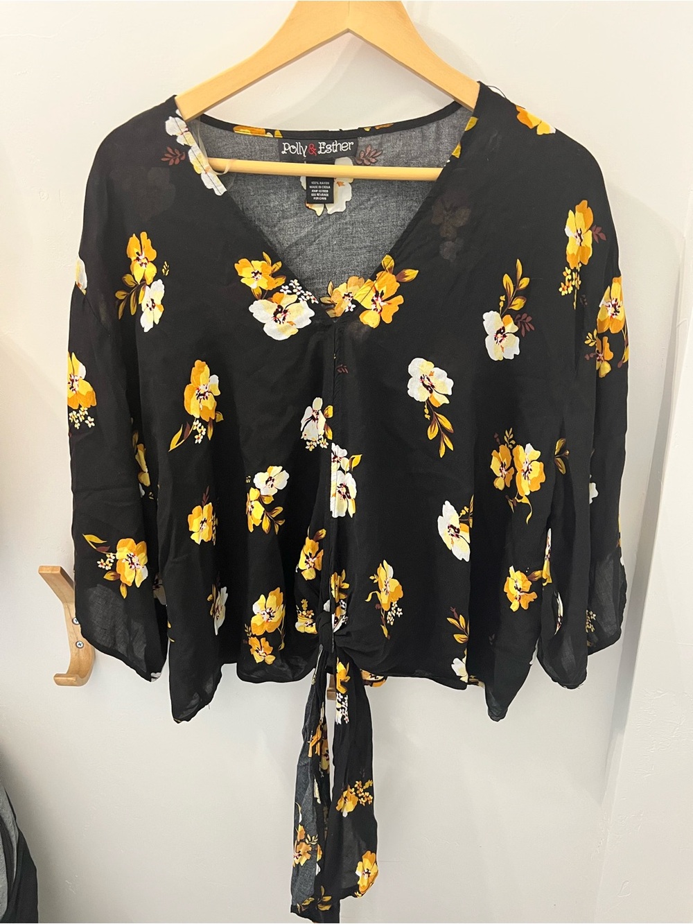 Polly & Esther Black Floral Tie Front V-Neck Blouse